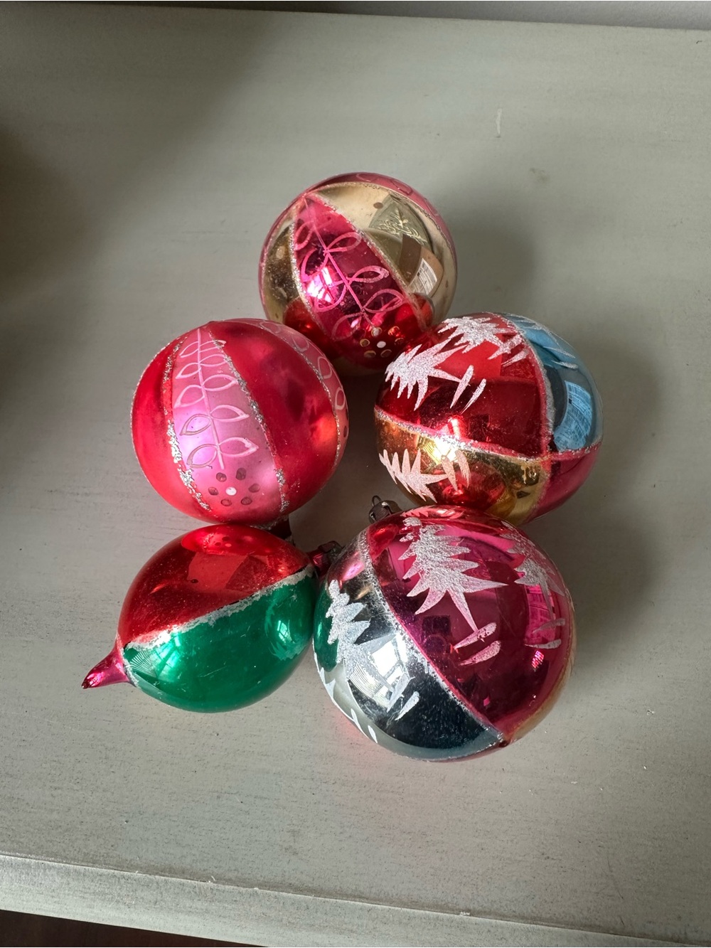 Antique glass Christmas ornaments stenciled lot of 5